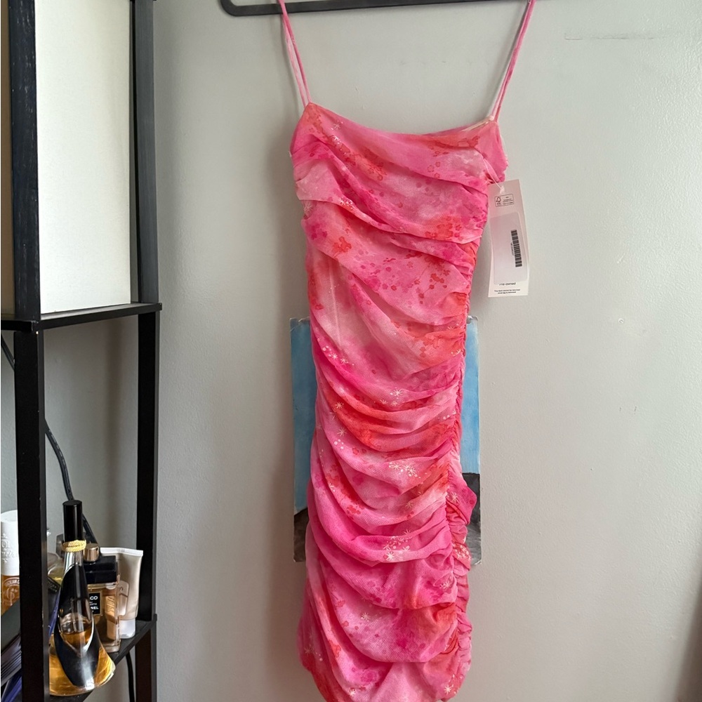 Pink Moschino Ruched Spaghetti-Strap Dress